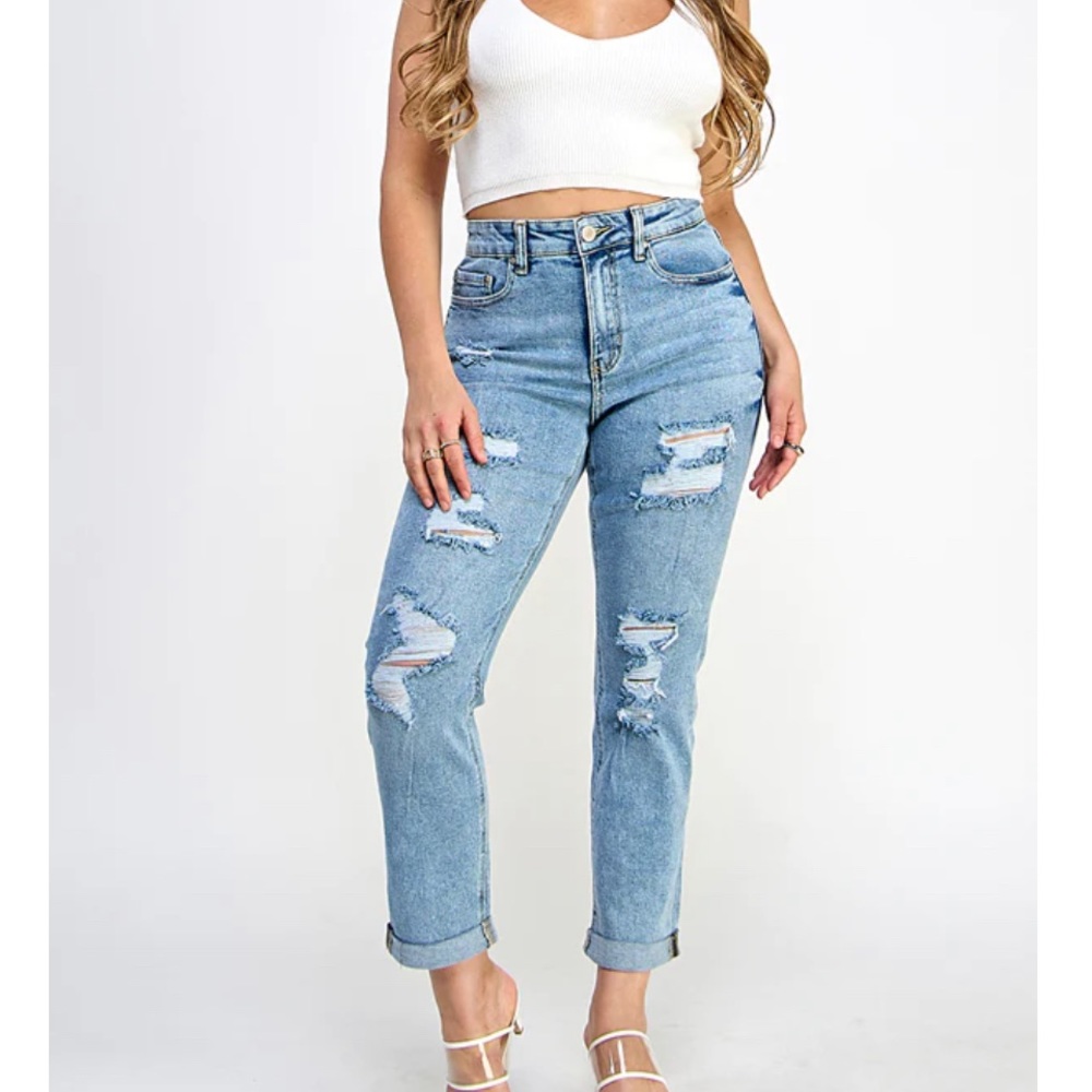 Blue Age Distressed High Rise Mom Jeans